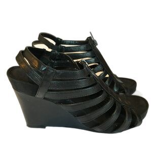 Aerosoles Shoes Women 8.5 Black Multi Straps Wedge Sandals Front Zip Platforms